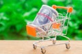 supermarket trolley on a green background. The concept of shopping online. Place market, commerce, Internet commerce. Ordering Royalty Free Stock Photo