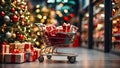 Supermarket trolley with green and red boxes of Christmas and New Year gifts between the supermarket\'s festive shelves. , Royalty Free Stock Photo