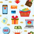 Supermarket web shopping cartoon set food and commerce products shop icons on white vector seamless pattern Royalty Free Stock Photo