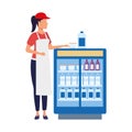 Supermarket woman worker next to beverages fridge