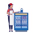 Supermarket woman worker next to beverages fridge