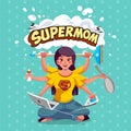 Supermom mother with many arm doing many house  work-multitasking mom banner vector Royalty Free Stock Photo