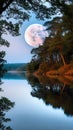 Supermoon casting over the lake illustration Artificial Intelligence artwork generated
