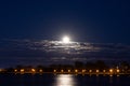 Supermoon over the water with clouds and moonlight reflection