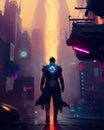 Supernatural Horned Warrior Walking in Empty Cyberpunk City Streets with Futuristic Victorian Armored War Suit, Generative AI