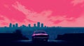 Supernatural Realism: Pink Car On Asphalt With City View