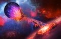 Supernova absorbs blue planet on space background