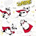Vector seamless pattern with funny pig super hero hand drawn characters. Royalty Free Stock Photo