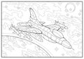 Supersonic aircraft flies high in the sky above earth. Coloring book for children and adults. Image in zen-tangle style. Printable