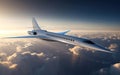 Supersonic commercial airliner jet flying at high altitude and mach speed above the clouds. Generative AI