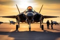 Supersonic jet airplane on runway at sunset. Generative AI