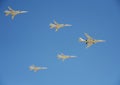 Supersonic strategic bombers of long-range aviation Tu-160 `White Swan`.Rehearsal of parade in honor of the 72th anniversary of th