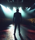 Superstar famous VIP male person on red carpet under the strobe lights and confetti, back lit silhouette generative ai
