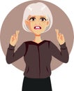 Superstitious Senior Woman Holding Fingers Crossed Vector Character