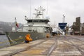 The superstructure and bridge of the Belgian navy ship Castor berthed at Kennedy Wharf in the city of Cork Harbour Ireland during Royalty Free Stock Photo