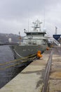 The superstructure and bridge of the Belgian navy ship Castor berthed at Kennedy Wharf in the city of Cork Harbour Ireland