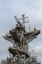 Superstructure of a warship against a blue sky