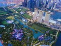 Supertree Grove. Garden by the bay in Marina Bay area in Singapore City. Aerial view at night Royalty Free Stock Photo