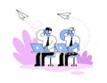 Supervisers sitting at the desk with flying paper planes above their heads. Call center, customer service concept. Flat Royalty Free Stock Photo