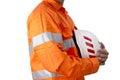 Supervisor with construction hard hat and high visibility shirt