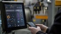 Supervisor controlling production line using mobile devices and computer screen Royalty Free Stock Photo
