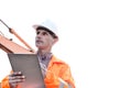 Supervisor looking away while holding clipboard against clear sky Royalty Free Stock Photo