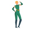 Superwoman character superhero, blond female wear green hero costume isolated on white, flat vector illustration. Strong