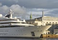 The Superyacht Katara flying the Qatari Flag lies berthed alongside the Quay at Bergen Waterfront.