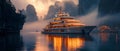 Concept Yacht Photography, Luxury Travel, Mountain Superyacht Serenity Amidst Ancient Peaks