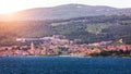 Supetar city in Brac island, Croatia. View from the sea. Picturesque scenic view on Supetar on Brac island, Croatia. Panoramic Royalty Free Stock Photo