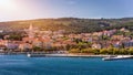 Supetar city in Brac island, Croatia. View from the sea. Picturesque scenic view on Supetar on Brac island, Croatia. Panoramic Royalty Free Stock Photo