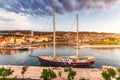 Supetar city in Brac island, Croatia. View from the sea. Picturesque scenic view on Supetar on Brac island, Croatia. Panoramic Royalty Free Stock Photo