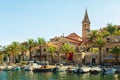 SUPETAR, CROATIA - JULY 15, 2017: Beautiful view on Supetar town promenade with boats moored in its harbor - Croatia, Brac island Royalty Free Stock Photo