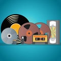 Video and audio recording equipment like cassette, vinyl, usb stick, secure digital card, film reel, compact disk Royalty Free Stock Photo