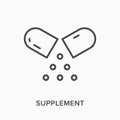 Supplement flat line icon. Vector outline illustration of pill. Black thin linear pictogram for pharmaceutical medical