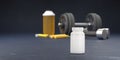 Supplement and gym and fitness workout equipment. Sport lifting bodybuilding concept with vitamins background. Body supplements