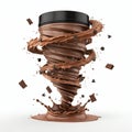 A supplement jar in the middle of a powerful chocolate tornado with chunks Royalty Free Stock Photo