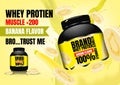 Supplement whey in creamy milk with slice banana on yellow background