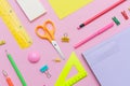 Supplies creative tools for school creative work on pink background Royalty Free Stock Photo