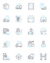 Supplies storehouse linear icons set. Warehouse, Inventory, Stockpile, Distribution, Logistics, Bulk, Packaging line