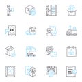 Supplies storehouse linear icons set. Warehouse, Inventory, Stockpile, Distribution, Logistics, Bulk, Packaging line