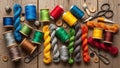 Supplies on a wooden surface include colorful spools of thread yarn Royalty Free Stock Photo