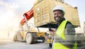 Supply chain, communication and futuristic with a man shipping or logistics worker on a dock with a crane and container