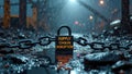 Supply chain disruption concept: padlock and chain in rainy industrial setting Royalty Free Stock Photo