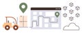 Supply Chain Logistics with Warehouse, Cloud Connection, Forklift, and Route Navigation Map Royalty Free Stock Photo