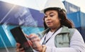 Supply chain, tablet and futuristic with a black woman logistics worker busy on a ux dashboard for online order. Digital