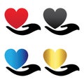 Health sign heart care support love healthy red, gray black, blue, and gold heart shape and caring hand icon vector template