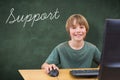 Support against green chalkboard