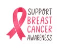 Support breast cancer awareness lettering. Motivational handwritten calligraphic inscription with pink ribbon symbol on