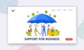 Support for Business Landing Page Template. Characters Rejoice under Huge Umbrella Hiding from Coronavirus Cells